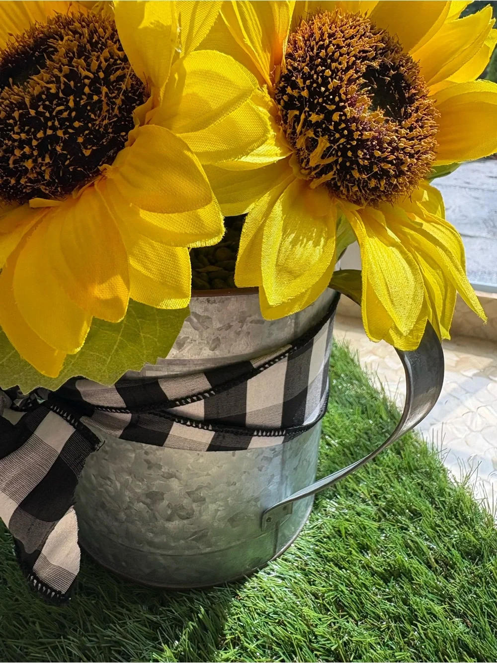 Yellow Sunflower Bouquet with Buffalo Check Ribbon in Tin Watering Can